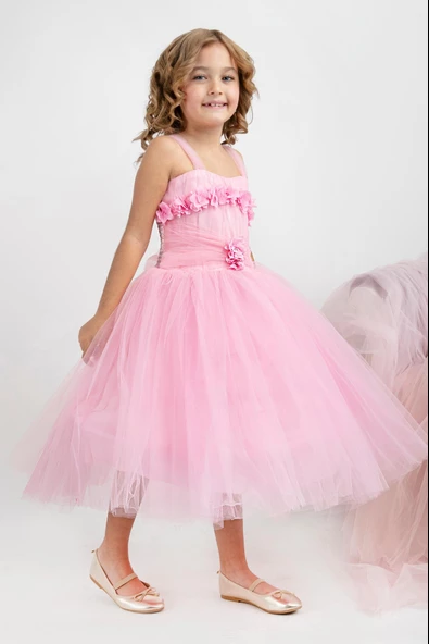 Minimony 5-9 Yaş Tarlatanlı Kız Çocuk Bayramlık Mezuniyet Balo Abiye Gelinlik Elbisesi 5011 - 10