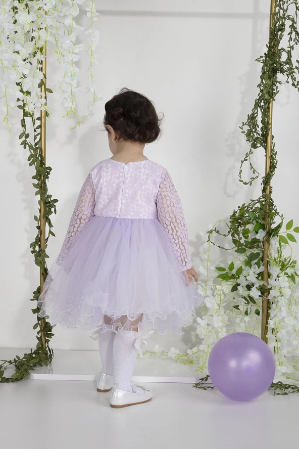 Minimony 6-24 Ay Uzun Kol Tüllü Kız Bebek Çocuk Bayramlık Abiye Gelinlik Elbisesi 1009 - 4