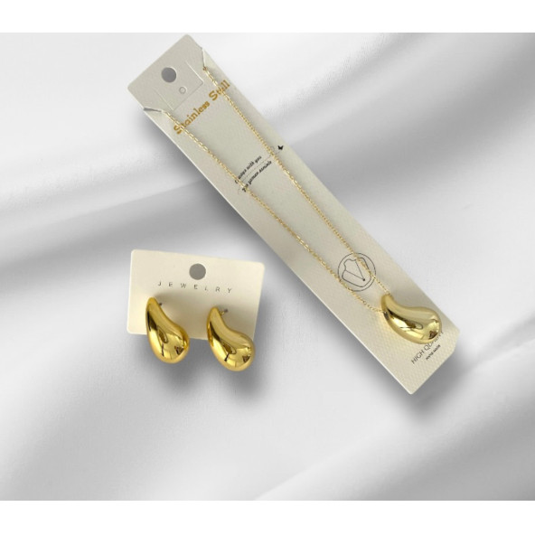 Kadın Bottega Gold Çelik Küpe+Kolye Seti - 2