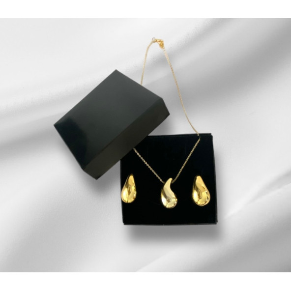 Kadın Bottega Gold Çelik Küpe+Kolye Seti - 3