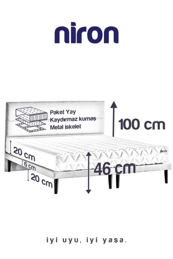 Niron Slim Pocket Yatak Seti - 140x200 Çift Kişilik Paket Yaylı Yatak, Metal Baza ve Başlık Takımı - Resim 8