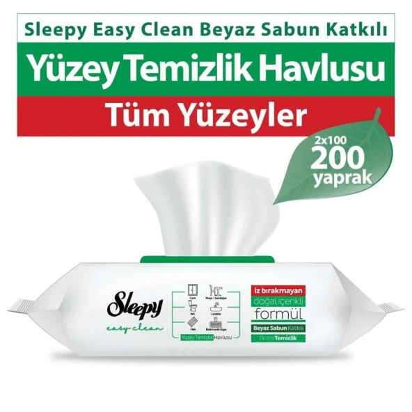 Sleepy Easy Clean Beyaz Sabun Katkılı Yüzey Temizlik Havlusu 2x100 (200 Yaprak)