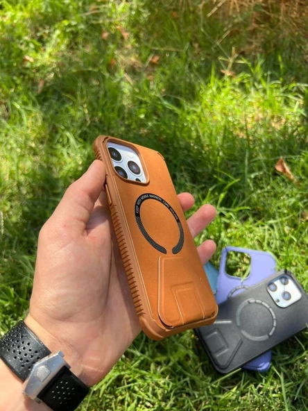 İphone 14 Pro Max Magsafe Leather Stantlı Telefon Kılıfı - Resim 5