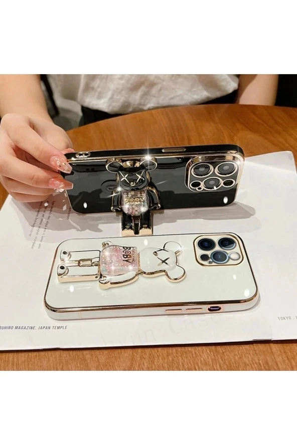İphone 14 Plus Glossy Yumuşak Ayıcıklı Boncuklu Stantlı Kapak ürün görseli