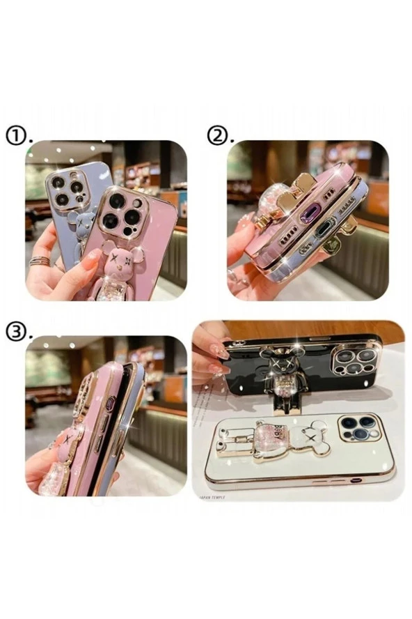 İphone 14 Plus Glossy Yumuşak Ayıcıklı Boncuklu Stantlı Kapak - Resim 5
