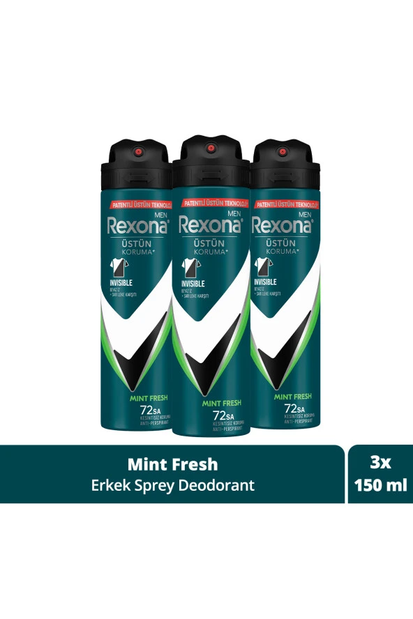 Rexona   Men Erkek Sprey Deodorant Natural Fresh Mint 72 Saat Kesintisiz Üstün Koruma 150 ml X3