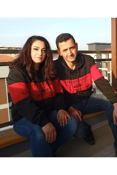 Sevgili Kombini Kapşonlu Çift Sweatshirt Kırmızı Şerit - 3