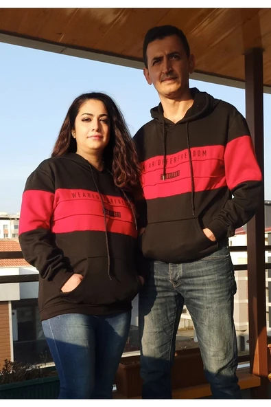 Sevgili Kombini Kapşonlu Çift Sweatshirt Kırmızı Şerit - 2