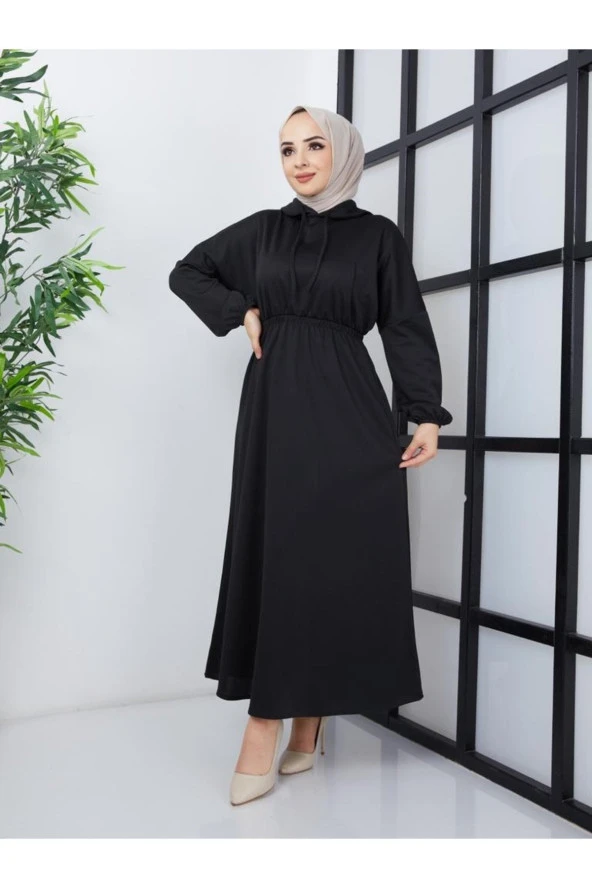 Kadın Scuba Krep Elbise Kapüşonlu Siyah