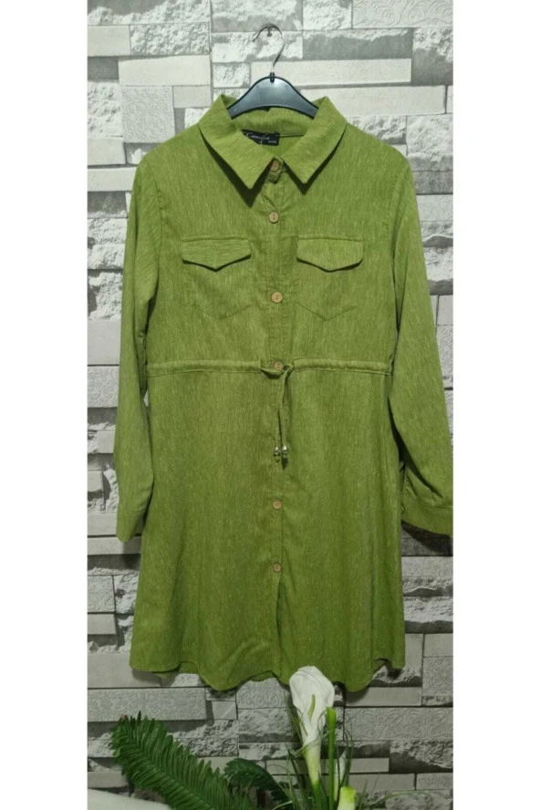 Kadın  Fıstık Yeşili Keten Tunik Gömlek