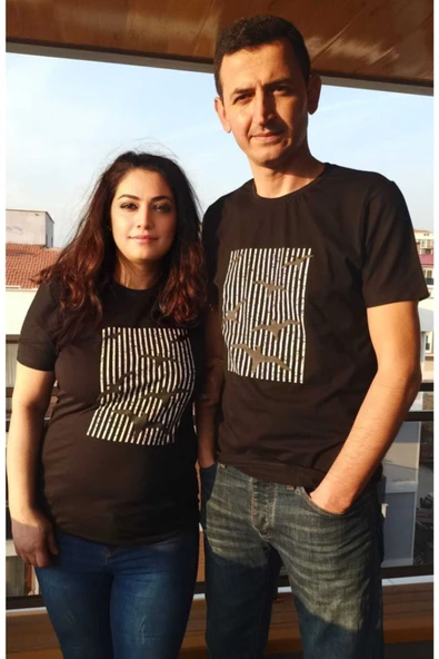 Sevgili Kombini Çift Unicex T-shirt Kuş Kabartmalı Desensiyah - Resim 2