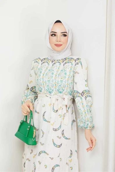 Kadın Otantik Muz Desen Keten Linen Tesettür Elbise - 2