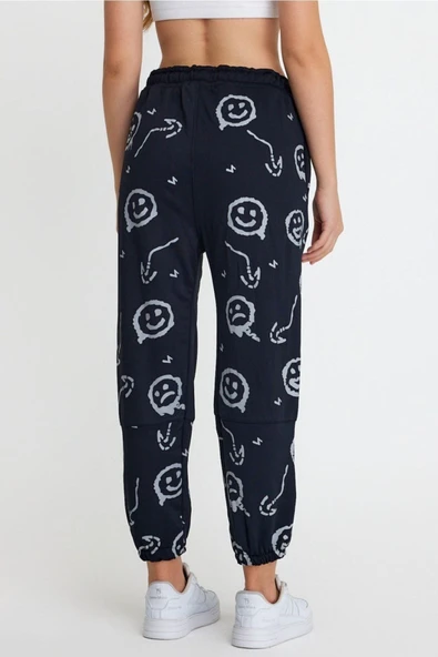 Unisex Emoji Baskı Oversize Scuba Şardonlu Eşofman Altı Siyah - Resim 3