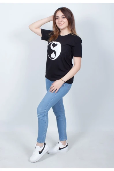 Sevgili Çift Kombini Unicex Baskılı Tişört Siyah - Resim 3