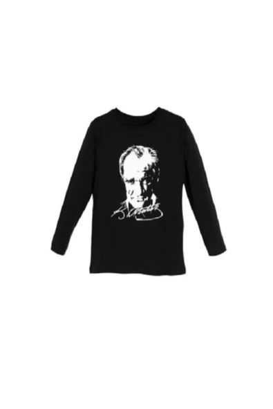 Atatürk Baskı Uzun Kollu Siyah T-shirt - 1