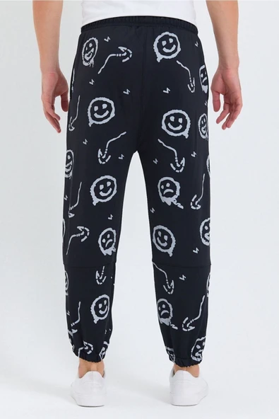 Unisex Emoji Baskı Oversize Scuba Şardonlu Eşofman Altı Siyah - Resim 5