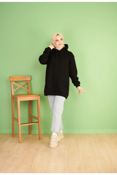 Kadın Oversize Sweatshirt Kapşonlu 3 Iplik Siyah - 1