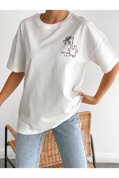 Unisex Yap-boz Baskı Tişört Beyaz - Resim 2