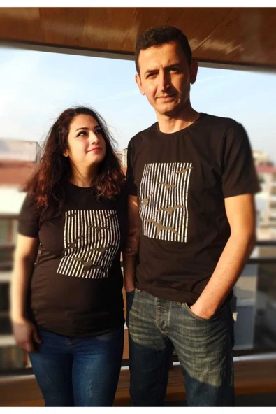 Sevgili Kombini Çift Unicex T-shirt Kuş Kabartmalı Desensiyah - Resim 3