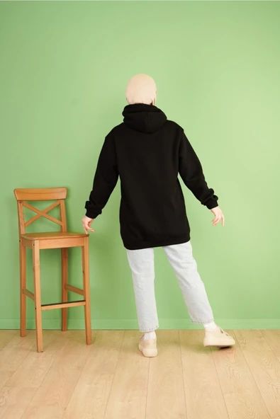 Kadın Oversize Sweatshirt Kapşonlu 3 Iplik Siyah - 2