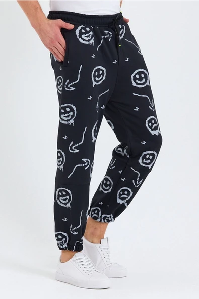 Unisex Emoji Baskı Oversize Scuba Şardonlu Eşofman Altı Siyah - Resim 2