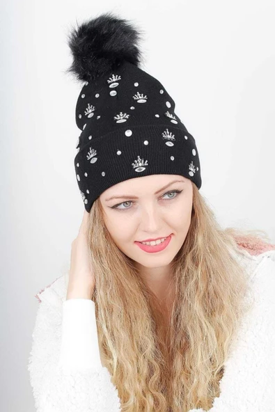 Kadın Siyah Taş Detaylı Ponponlu Bere ürün görseli