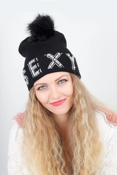 Kadın Ponponlu Bere Taş Işlemeli Siyah ürün görseli