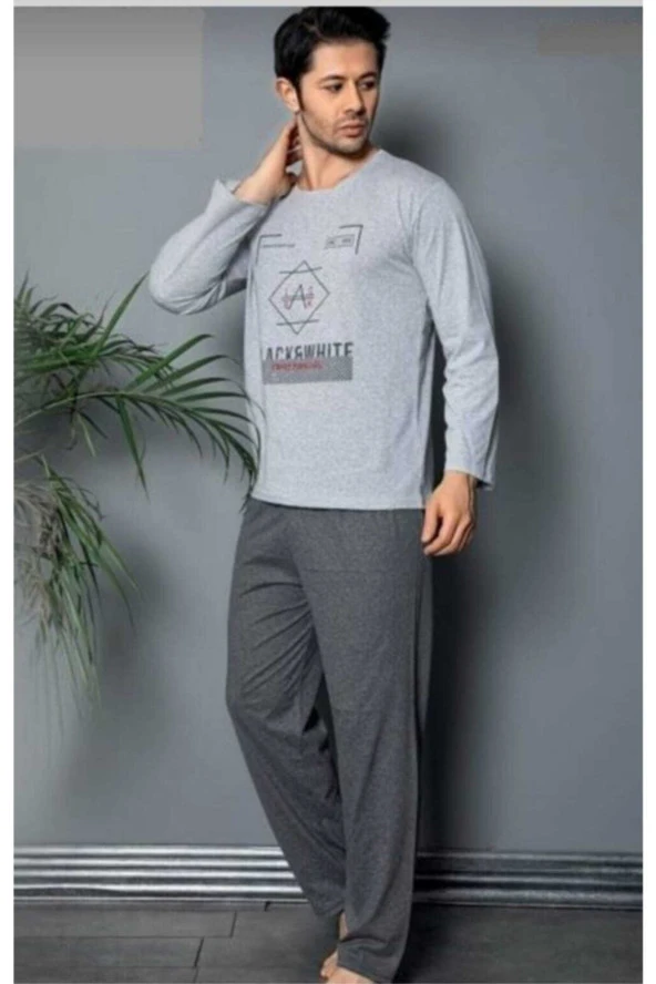 Erkek Gri Lacivert Renkli Uzun Kollu Pijama Takımı