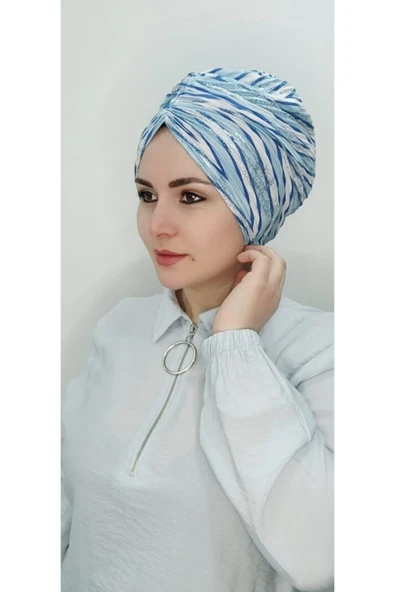 Kadın Tesettür Simli Büzgülü Trend Bone Su Mavisi - Resim 3