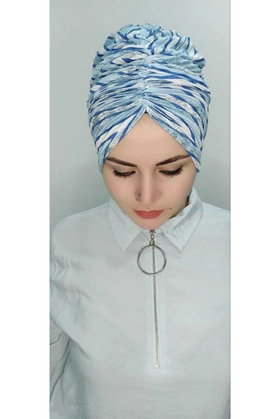 Kadın Tesettür Simli Büzgülü Trend Bone Su Mavisi - Resim 5