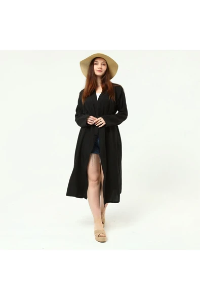 Kadın Bej Ayrobin Kuşaklı Kimono&kaftan Siyah - 3