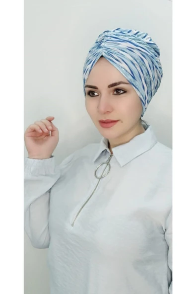 Kadın Tesettür Simli Büzgülü Trend Bone Su Mavisi - Resim 2