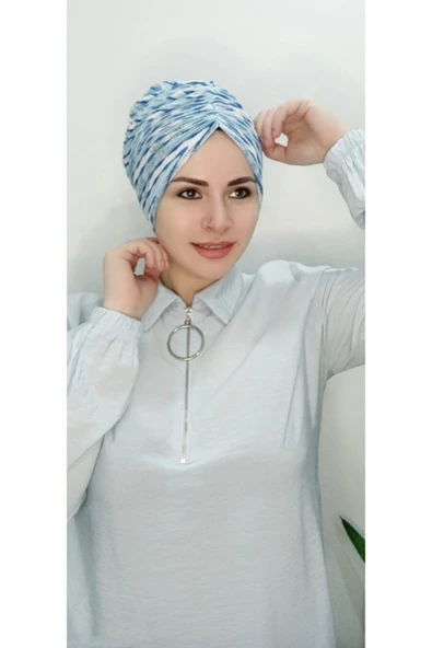 Kadın Tesettür Simli Büzgülü Trend Bone Su Mavisi - Resim 4