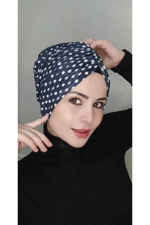 Kadın Trend Büzgülü Modern Tesettür Puantiyeli Bone Lacivert