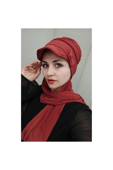Kadın Tesettür Fiyonk Detay Şapka Şal Bone Kiremit