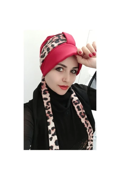 Kadın Tesettür Leopar Atkı Bone Kırmızı