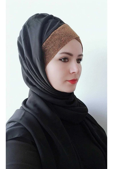 Kadın Tesettür Tek Bantlı Simli Hazır Trend Şal Siyaha Bakır - Resim 3