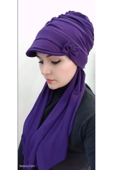 Kadın Mor Fiyonk Detay Şapka Şal Bone