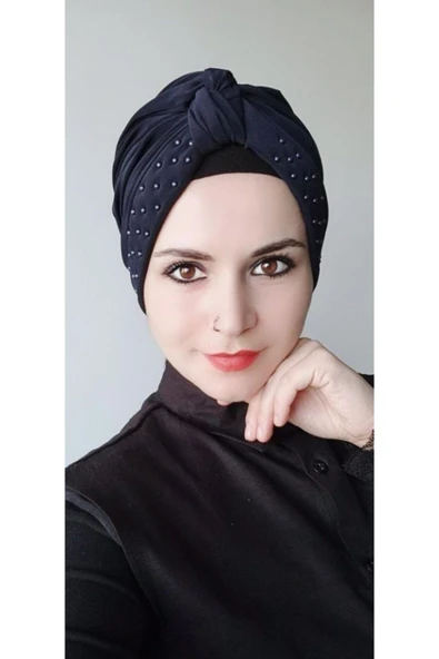 Kadın Lacivert Tesettür İnci Düğüm Bone