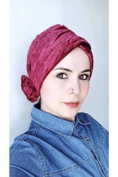 Kadın Kadife Fiyonklu Bone Vişne - Resim 2