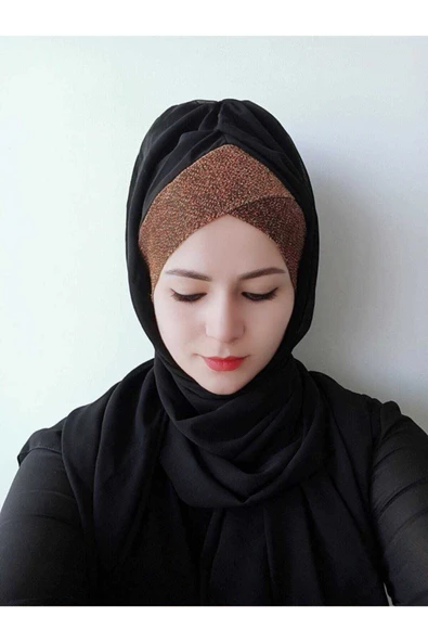 Kadın Tesettür Tek Bantlı Simli Hazır Trend Şal Siyaha Bakır - Resim 2