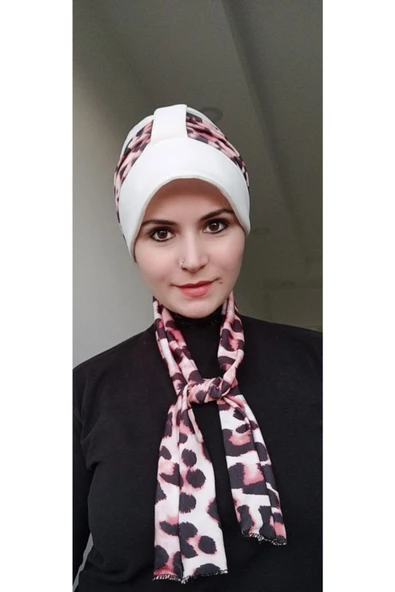 Kadın Leopar Atkı Bone Ekru - Resim 2