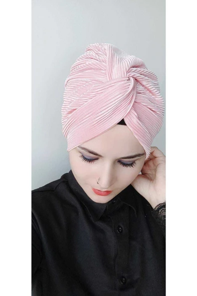 Kadın Tesettür Piliseli Düğüm Bone Pudra - Resim 2