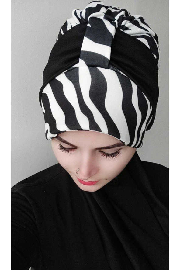 Kadın Atkılı Zebra Şapka Bone - Resim 3