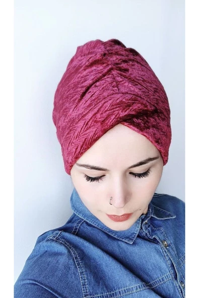 Kadın Kadife Fiyonklu Bone Vişne - Resim 3