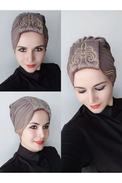 Kadın Şal Nakış Işleme Çift Taraflı Bone Koyu Vizon