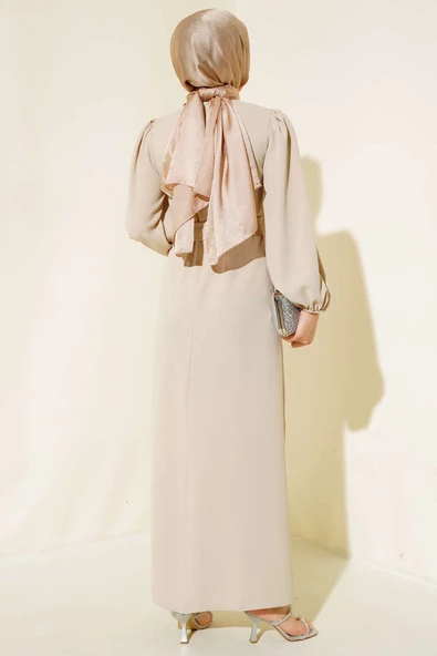 Kuşak Taş Püsküllü Elbise Bej - Resim 3