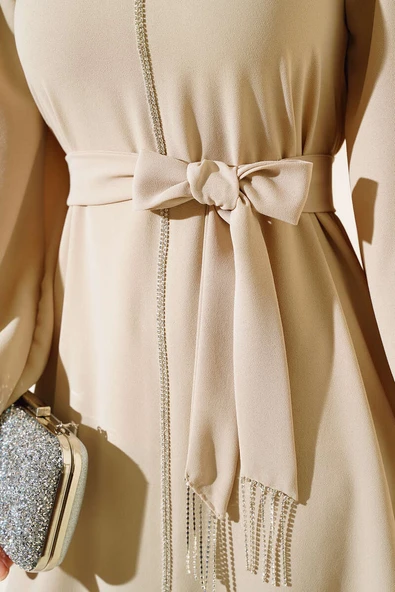 Kuşak Taş Püsküllü Elbise Bej - Resim 4