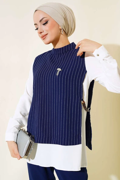 Yanları Aksesuarlı Çizgili Takım Lacivert - Resim 2