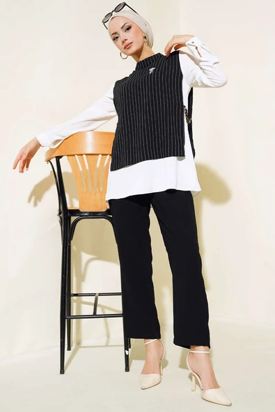 Yanları Aksesuarlı Çizgili Takım Siyah ürün görseli 1